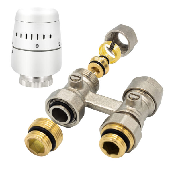 BELRAD H-BLOC – KIT DE RACCORDEMENT DE RADIATEUR COMPLET – AVEC TÊTE THERMOSTATIQUE – DROIT - RACCORDEMENT AU SOL – M30 – 1/2MX16/2 – NICKEL/BLANCc