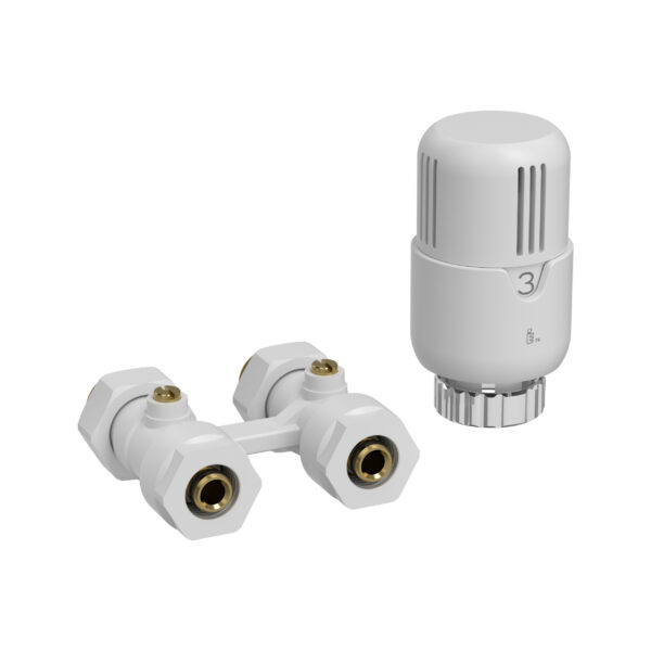 BELRAD H-BLOC – KIT DE RACCORDEMENT DE RADIATEUR COMPLET – AVEC TÊTE THERMOSTATIQUE – DROIT - RACCORDEMENT AU SOL – M30 – 1/2MX16/2 – BLANC BRILLANT
