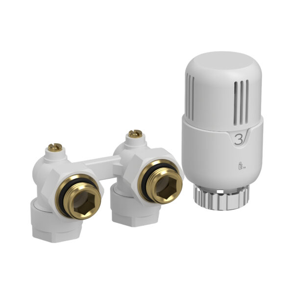 BELRAD H-BLOC – KIT DE RACCORDEMENT DE RADIATEUR COMPLET – AVEC TÊTE THERMOSTATIQUE – EQUERRE – RACCORDEMENT MURAL - M30 – 1/2MX16/2 – BLANC BRILLANT