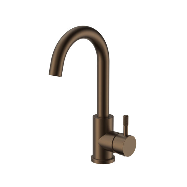 Stria mitigeur lavabo – bec courbé – mobile – démarrage à froid – poignée avec structure striée raffinée – sans bonde – brun bronzé (PVD)