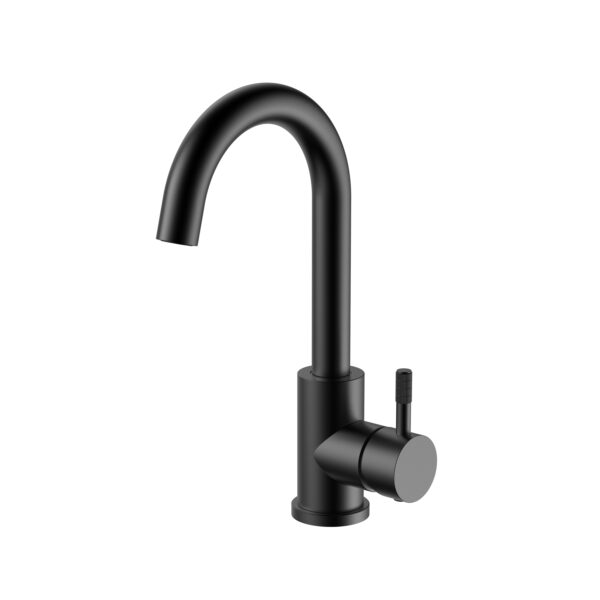 Stria mitigeur lavabo – bec courbé – mobile – démarrage à froid – poignée avec structure striée raffinée – sans bonde – noir mat (PVD)