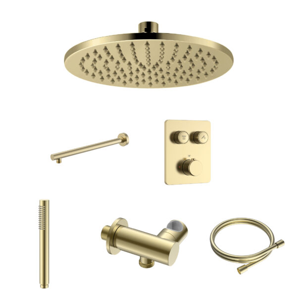Stria ensemble douche de pluie encastré thermostatique 2 voies — boutons-poussoirs — or brossé PVD