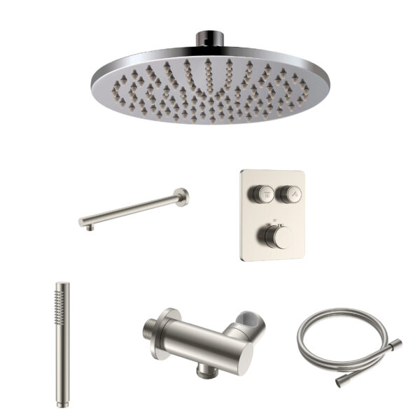 Stria ensemble douche de pluie encastré thermostatique 2 voies — boutons-poussoirs — inox brossé