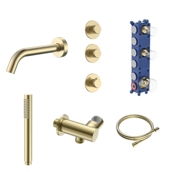 Stria ensemble bain-douche encastré thermostatique 2 voies — deux robinets d’arrêt — or brossé PVD