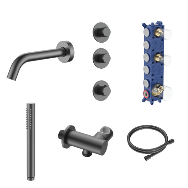 Stria ensemble bain-douche encastré thermostatique 2 voies — deux robinets d’arrêt — gunmetal PVD