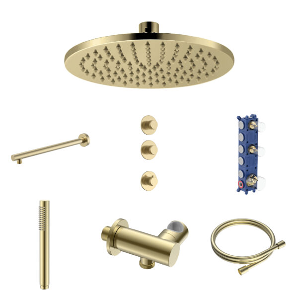 Stria ensemble douche de pluie encastré thermostatique 2 voies — deux robinets d’arrêt — or brossé PVD