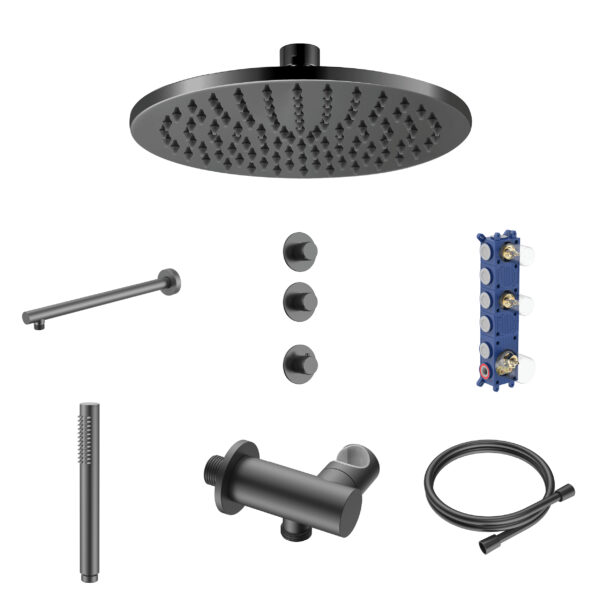 Stria ensemble douche de pluie encastré thermostatique 2 voies — deux robinets d’arrêt — gunmetal PVD