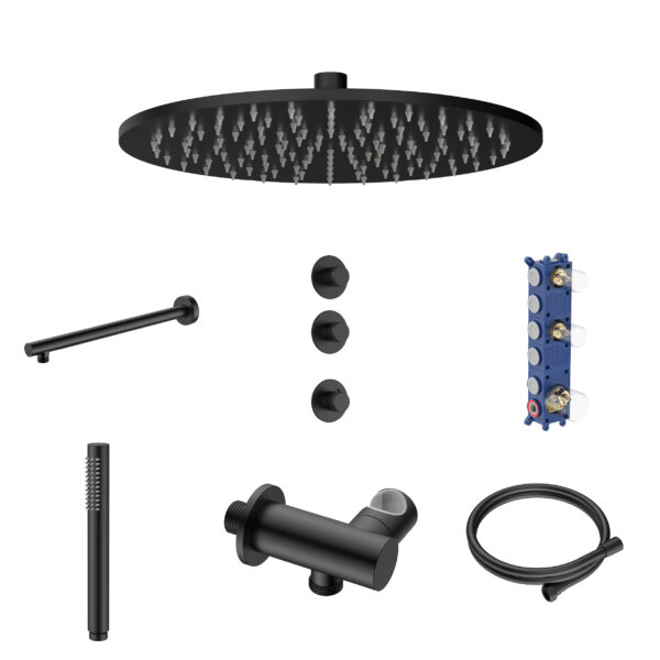 Stria ensemble douche de pluie encastré thermostatique 2 voies — deux robinets d’arrêt — noir mat PVD