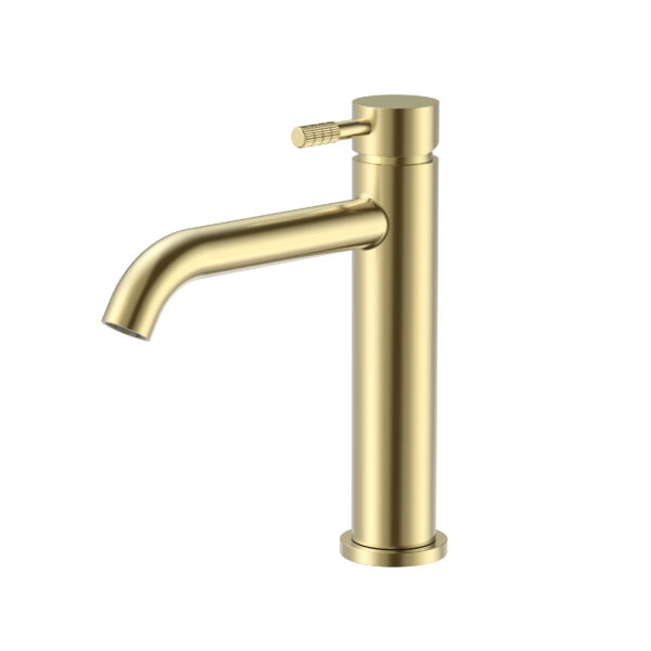 Stria mitigeur lavabo – démarrage à froid – poignée avec structure striée raffinée – sans bonde – or brossé (PVD)