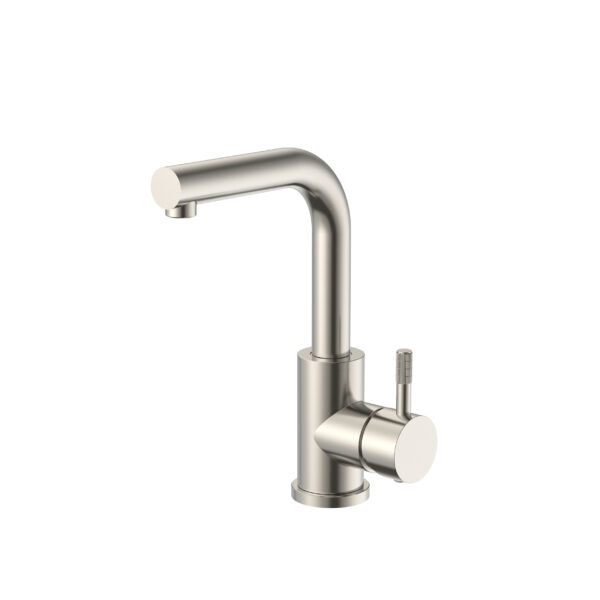 Stria mitigeur lavabo/évier – bec droit – mobile – démarrage à froid – poignée avec structure striée raffinée – sans bonde – acier inox brossé