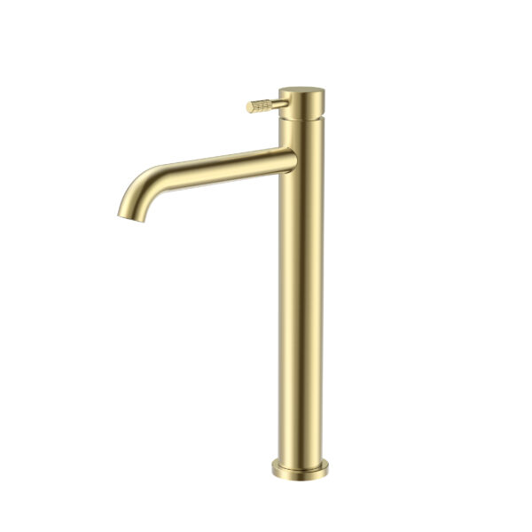 Stria mitigeur lavabo haut – démarrage à froid – poignée avec structure striée raffinée – sans bonde – or brossé (pvd)