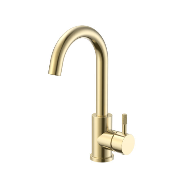 Stria mitigeur lavabo – bec courbé – mobile – démarrage à froid – poignée avec structure striée raffinée – sans bonde – or brossé (PVD)