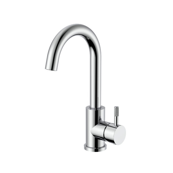 Stria mitigeur lavabo – bec courbé – mobile – démarrage à froid – poignée avec structure striée raffinée – sans bonde – chrome