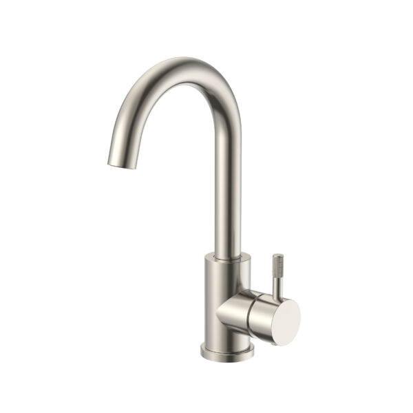 Stria mitigeur lavabo – bec courbé – mobile – démarrage à froid – poignée avec structure striée raffinée – sans bonde – acier inox brossé